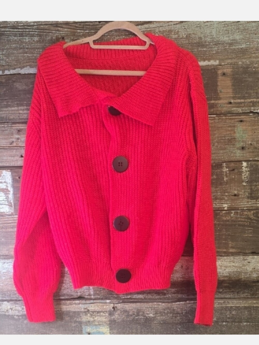 Bright Red Chunky Button-Up Cardigan Sweater